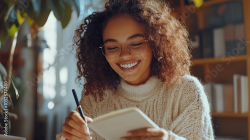 Young woman enjoying a cozy moment in a cafe while writing in her notebook