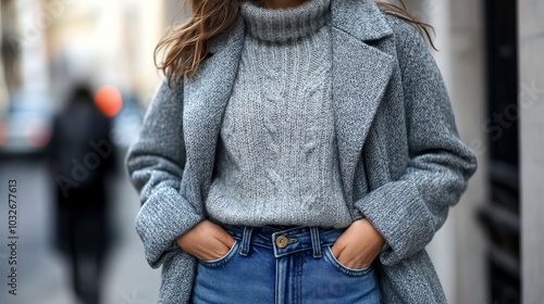 Casual urban fashion featuring a woman in a cozy sweater and stylish coat on ...