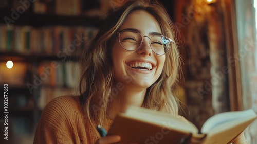 Young woman enjoying a cozy moment in a cafe while writing in her notebook