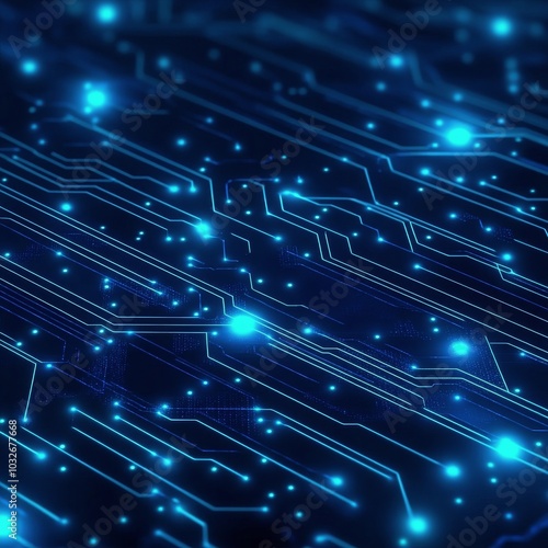 Vibrant blue digital circuit board with glowing connections and particles in ...