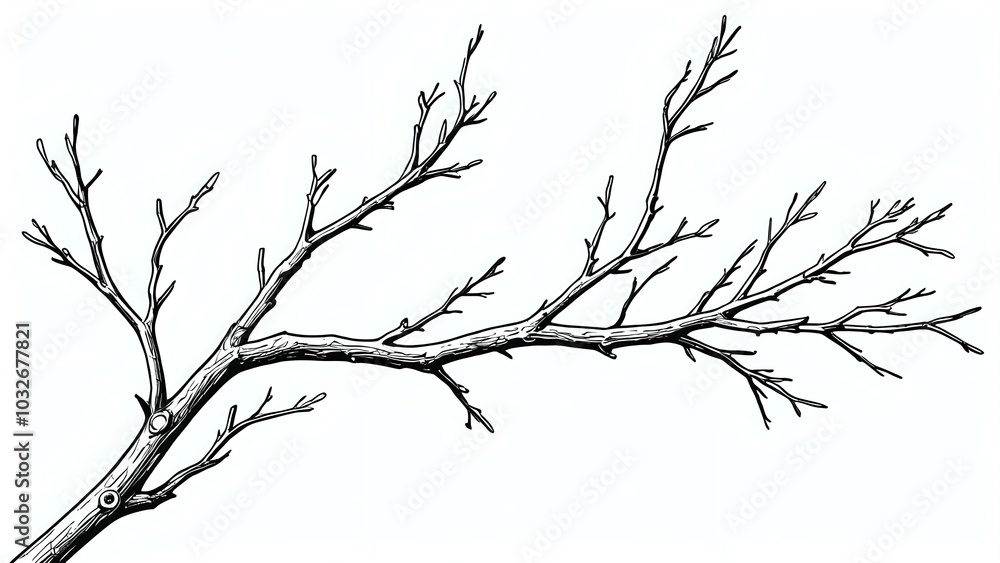 A black and white illustration of a bare tree branch with several smaller branches extending out from the main branch. A black and white illustration of a bare tree branch with several smaller branches extending out from the main branch.