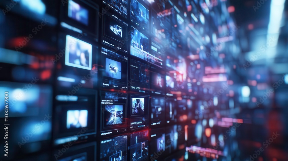 Obraz premium Digital screen displaying a collage of various media and images in a modern design.