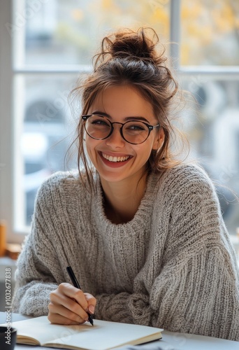 Young woman in cozy sweater writing in notebook by sunny window in a coffee shop