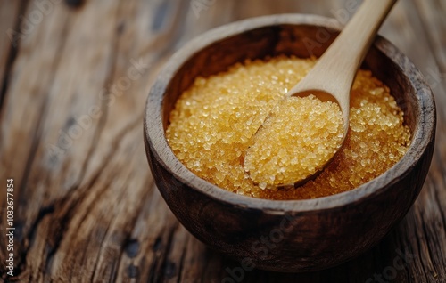 Brown sugar in a wooden bowl with a spoon placed on a rustic wooden table