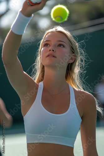 Young female tennis player serves on a sunny day at the local court with focu...