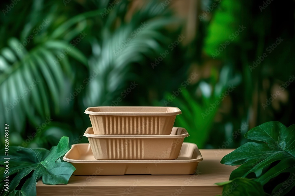 Eco-friendly planting trays on a wooden surface with lush green foliage background. Eco-friendly planting trays on a wooden surface with lush green foliage background.