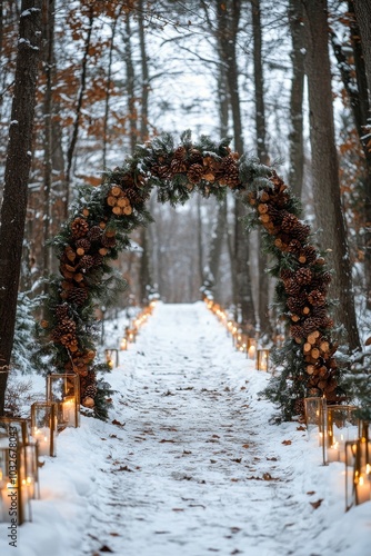 Beautiful winter wedding pathway adorned with pinecones and lanterns in a sno...