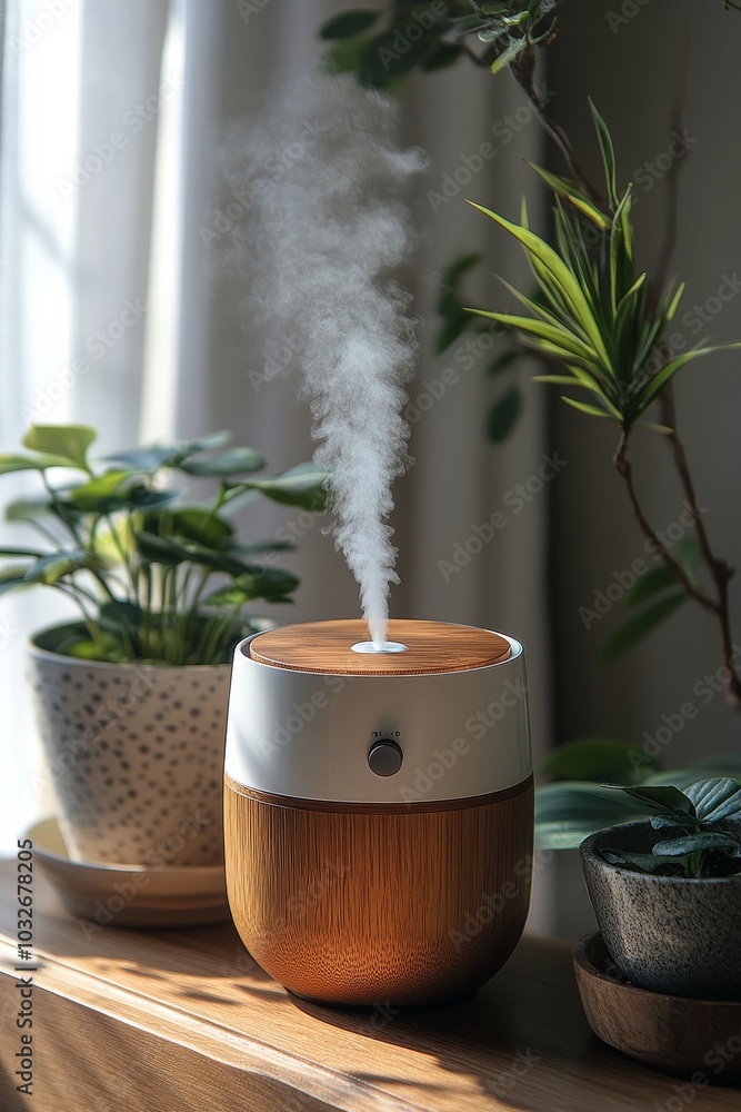 Fototapeta premium A modern diffuser releasing steam beside a vibrant potted plant on a wooden table indoors