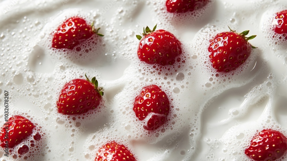 Close-Up of Body Cream Texture with Floating Strawberries in Milk Close-Up of Body Cream Texture with Floating Strawberries in Milk