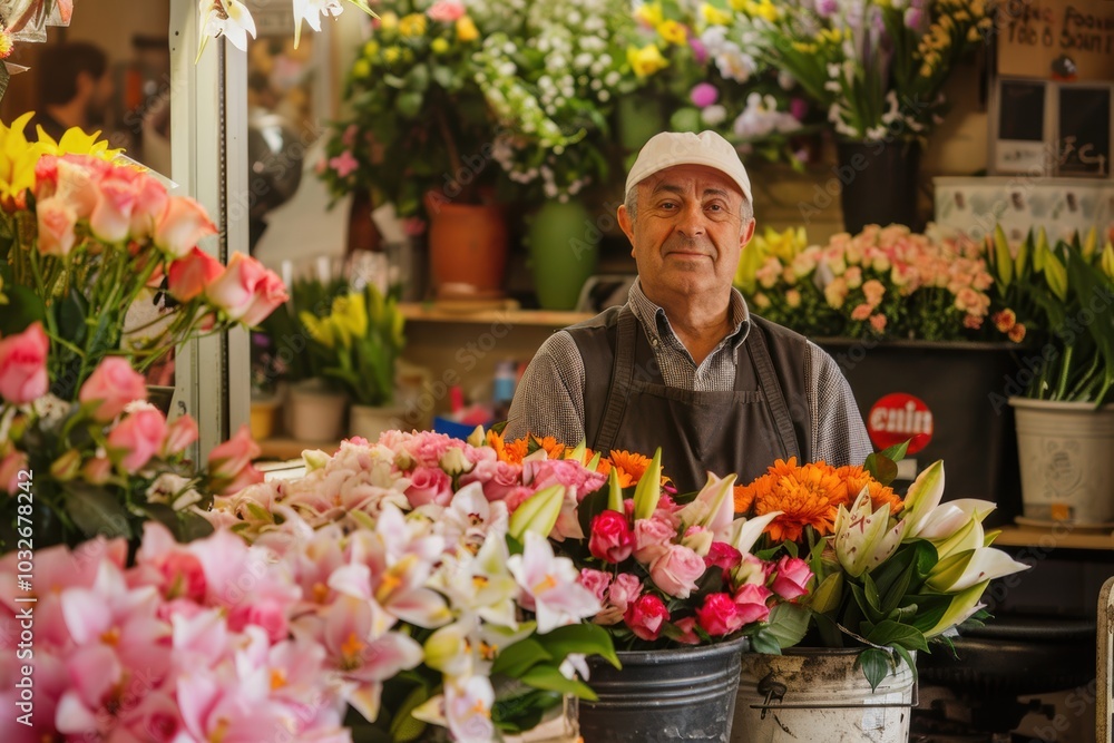 Fototapeta premium Florist Arranging Fresh Roses and Lilies in a Vibrant Flower Shop Setting