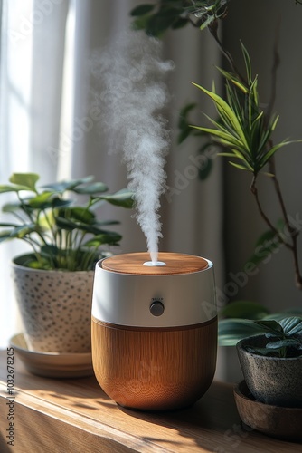 A modern diffuser releasing steam beside a vibrant potted plant on a wooden t...