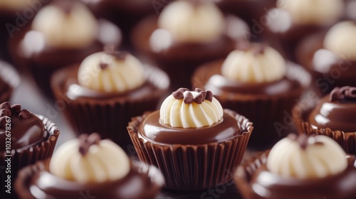 Close-up of a group of gourmet chocolate truffles with a white c