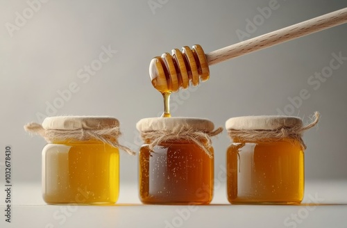 Delicious honey being drizzled from a wooden stick over glass jars in soft na...