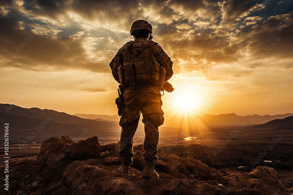 Silhouette of a soldier on a hill with sunrise a powerful scene of strength and hope Silhouette of a soldier on a hill with sunrise a powerful scene of strength and hope