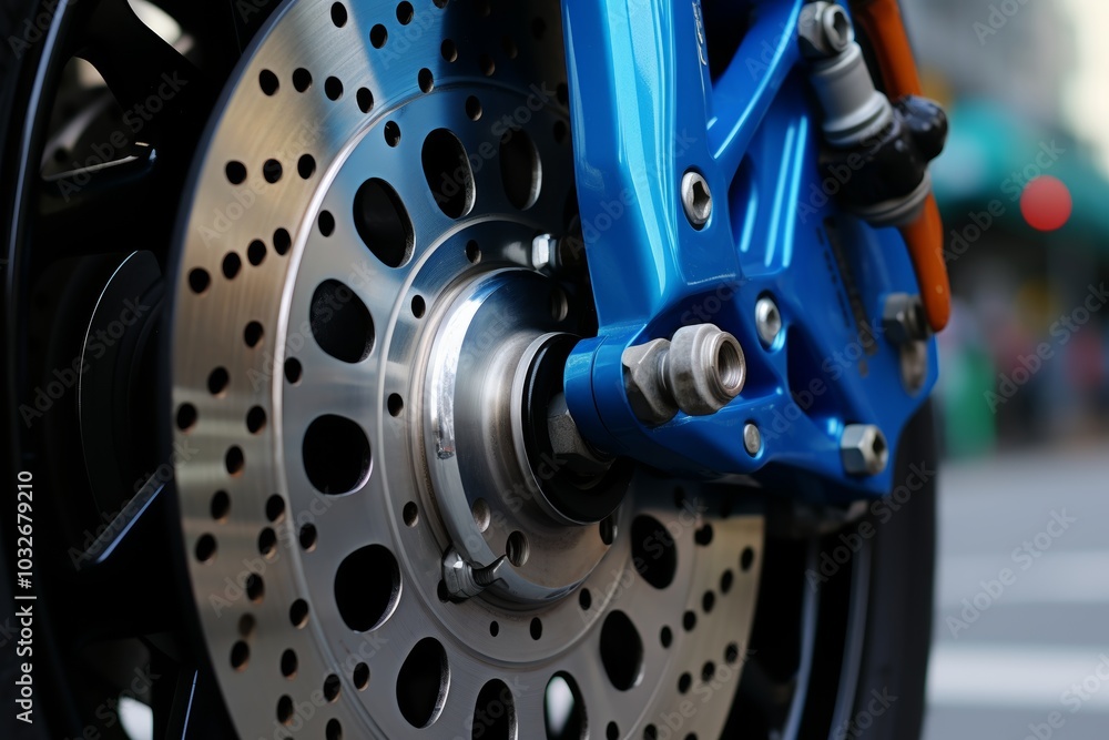 Detailed view of wheels and brakes focused on disc and brake features against the road surface Detailed view of wheels and brakes focused on disc and brake features against the road surface