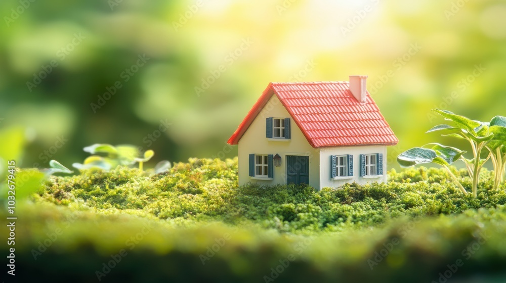 Copy space of home and life concept. Small model home on green grass with sunlight abstract background. Copy space of home and life concept. Small model home on green grass with sunlight abstract background.