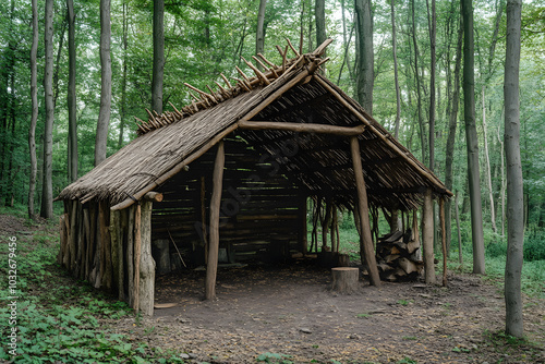 Traditional rustic woodland shelter built with natural materials, featuring wooden poles and thatched roof, blending into the lush forest environment, perfect for survivalist retreats

 photo