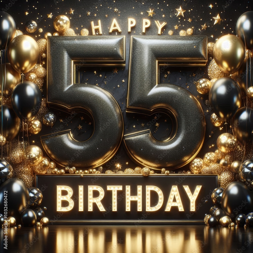 Golden-themed 55th birthday celebration with balloons and shiny decorations. Golden-themed 55th birthday celebration with balloons and shiny decorations.