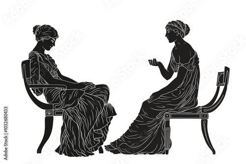 Two ancient Greek women in tunics are sitting on chairs and talking.