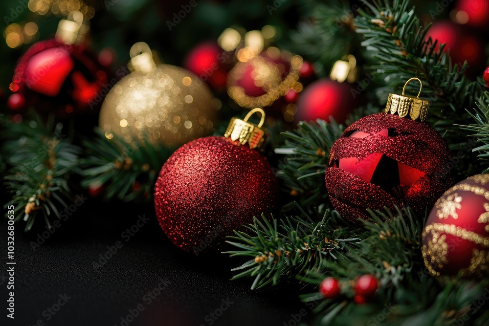 A decorative arrangement featuring red and gold Christmas ornaments set among lush green pine branches, capturing the festive spirit and charm of the holiday season. A decorative arrangement featuring red and gold Christmas ornaments set among lush green pine branches, capturing the festive spirit and charm of the holiday season.