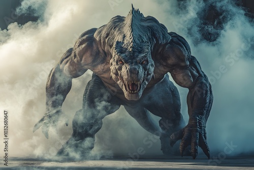 fantasy aggressive monster dinosaur, muscular and strong giant reptilian beast