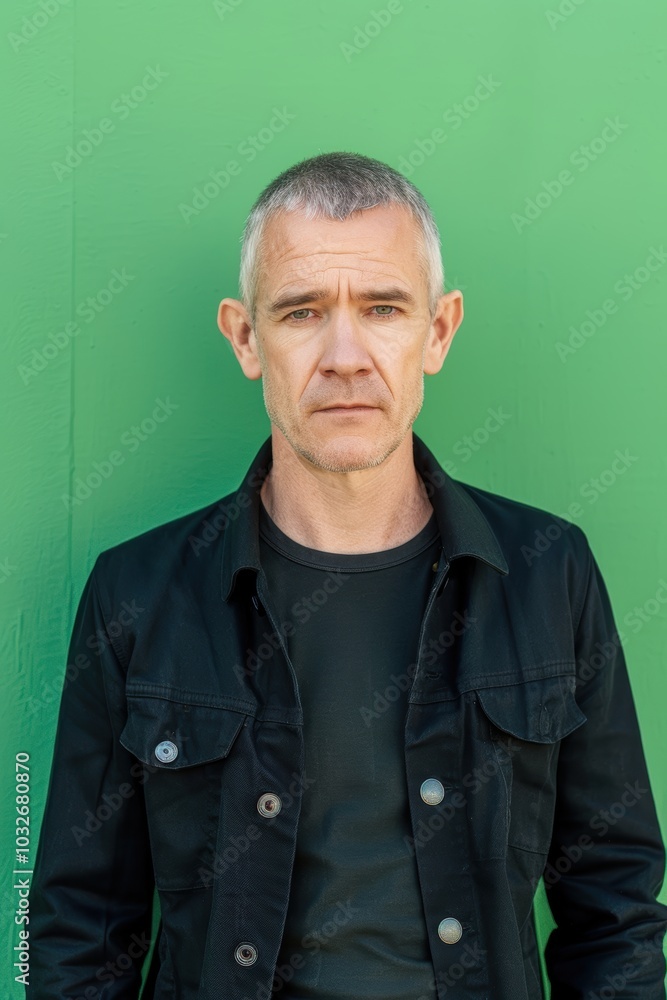 Confident Middle-Aged Man in Black Jacket Against Vibrant Green Backdrop Confident Middle-Aged Man in Black Jacket Against Vibrant Green Backdrop