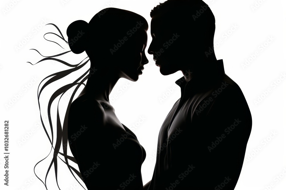 Minimalist silhouettes of two lovers leaning together in a romantic profile design Minimalist silhouettes of two lovers leaning together in a romantic profile design