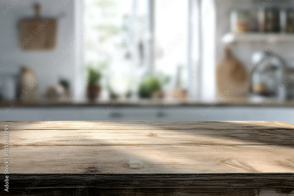Wooden texture or white solid countertop or table top on blurred white kitchen background for product display, Design key visual layout, For showcase or montage items or food, Design mockup Wooden texture or white solid countertop or table top on blurred white kitchen background for product display, Design key visual layout, For showcase or montage items or food, Design mockup