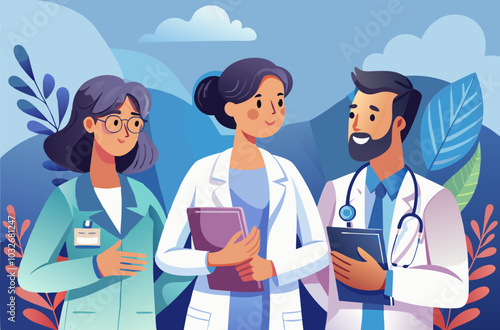 Group of medical workers, doctors and nurse. Studying medicine, interns. People in medical uniform. Healthcare young workers in clinic, hospital. Vector cartoon illustration