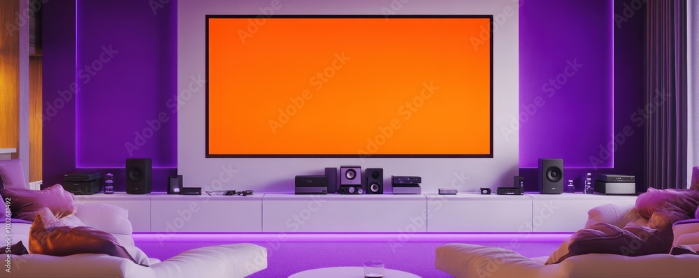 A large purple and white entertainment room with a wall-mounted orange LED screen surround sound system and plush seating A large purple and white entertainment room with a wall-mounted orange LED screen surround sound system and plush seating