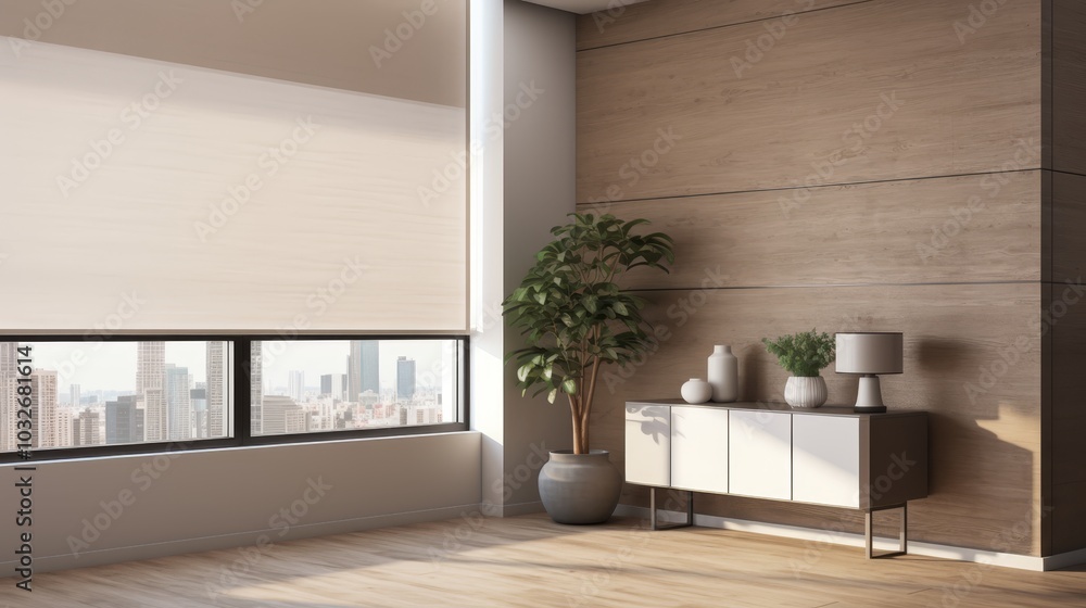 Elegant minimalist hallway featuring natural wood, glass accents, and adaptable white banner space Elegant minimalist hallway featuring natural wood, glass accents, and adaptable white banner space