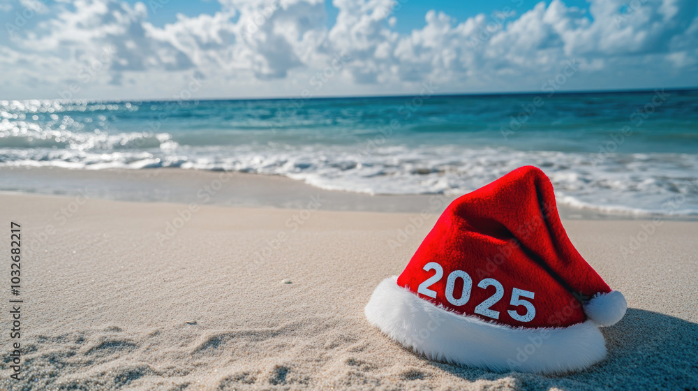 Tropical christmas 2025: santa hat on sandy beach with ocean waves and blue sky Tropical christmas 2025: santa hat on sandy beach with ocean waves and blue sky