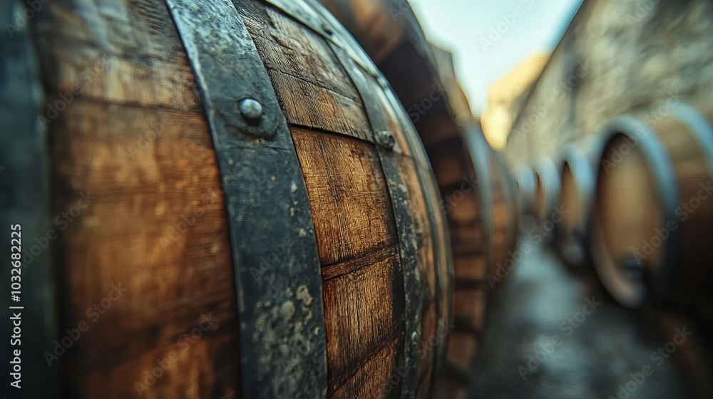 Close-up of wooden barrels with metal bands. The barrels are lined up in a row, creating a sense of depth and mystery. Close-up of wooden barrels with metal bands. The barrels are lined up in a row, creating a sense of depth and mystery.