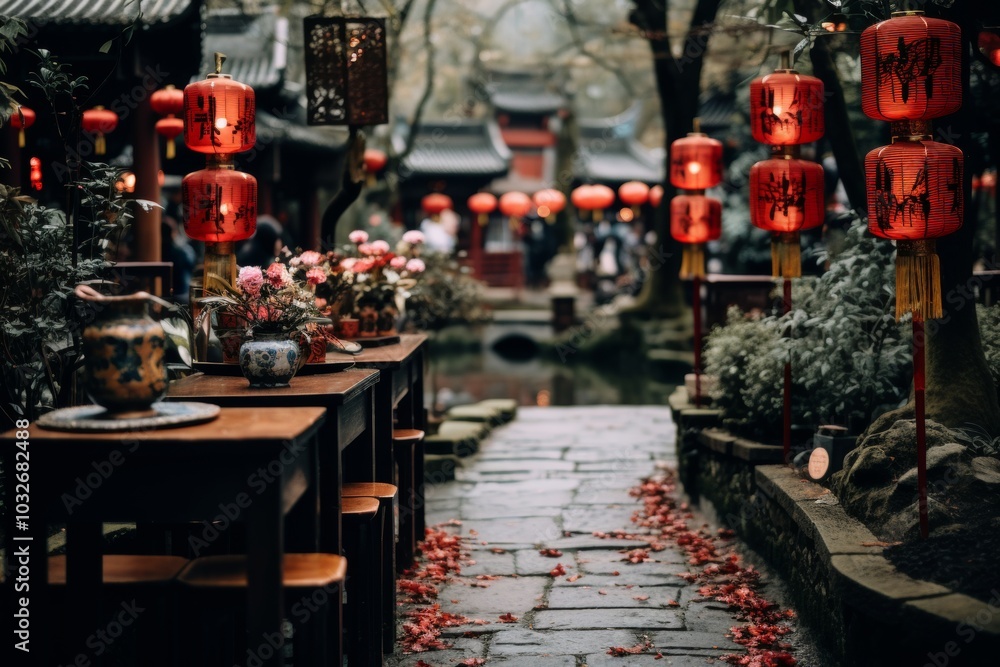 Vibrant streets adorned with red lanterns and floral arrangements for a joyous celebration Vibrant streets adorned with red lanterns and floral arrangements for a joyous celebration