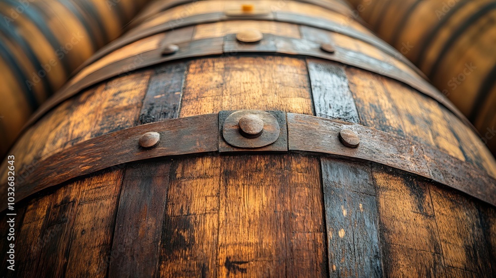 Close-up of a weathered wooden barrel with metal bands. Close-up of a weathered wooden barrel with metal bands.