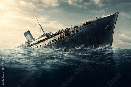 abandoned sinking ship wreckage at the open ocean, shipwreck photo