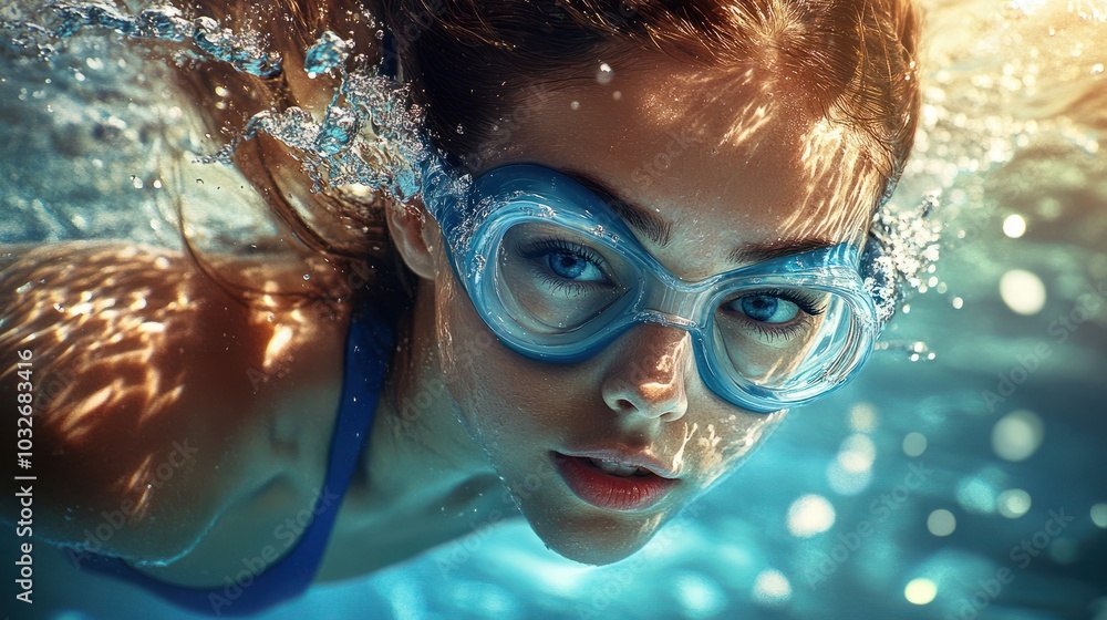 Naklejka premium Female swimmer at the swimming pool.Underwater photo.