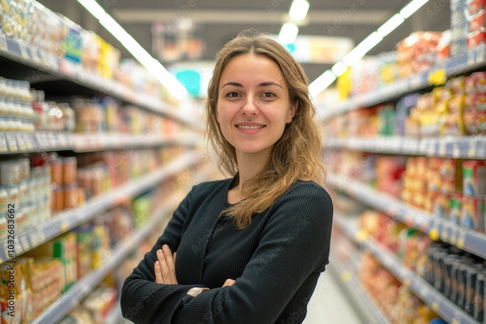 Confident woman smiling in grocery store aisle Confident woman smiling in grocery store aisle