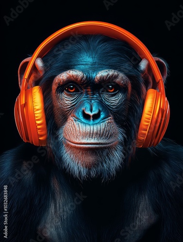 Chimpanzee in Headphones photo