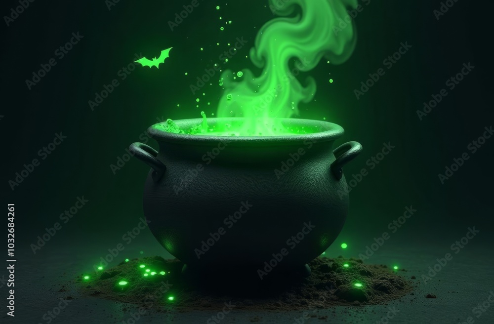 A dark cauldron filled with glowing green liquid, emitting magical green smoke swirling upwards. A dark cauldron filled with glowing green liquid, emitting magical green smoke swirling upwards.