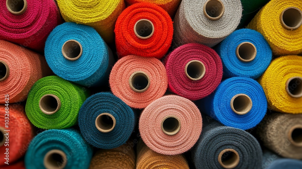 Colorful rolls of fabric display vibrant hues in a creative workspace. Colorful rolls of fabric display vibrant hues in a creative workspace.