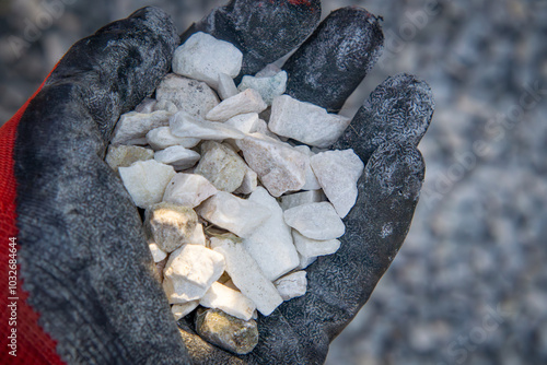 a man wearing gardening gloves holding decorative stones in his hand. decorative stoneware on the flower bed photo