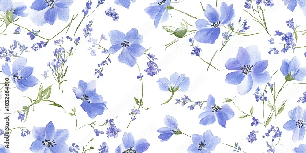 Fototapeta premium Blue Delphinium Watercolor Pattern on White Background, Elegant Floral Design