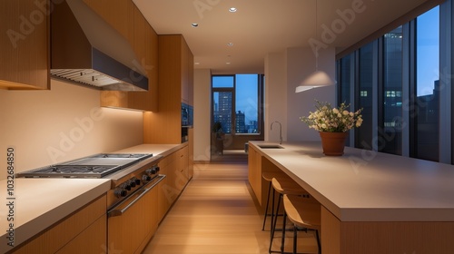 minimalist kitchen with natural wood cabinetry, beige countertops, and soft lighting, giving the space a warm, inviting vibe.