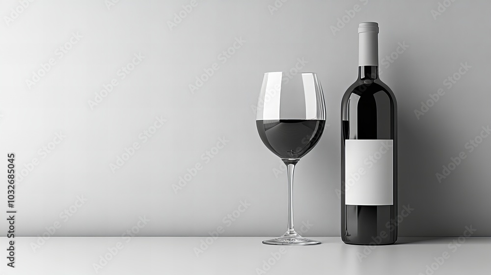 A single glass of red wine sits next to a bottle with a blank label, ready to be filled with your brand. A single glass of red wine sits next to a bottle with a blank label, ready to be filled with your brand.
