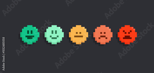 Pixel feedback rating emotions icons with mood scale in 8-bit retro video game style - editable vector graphics