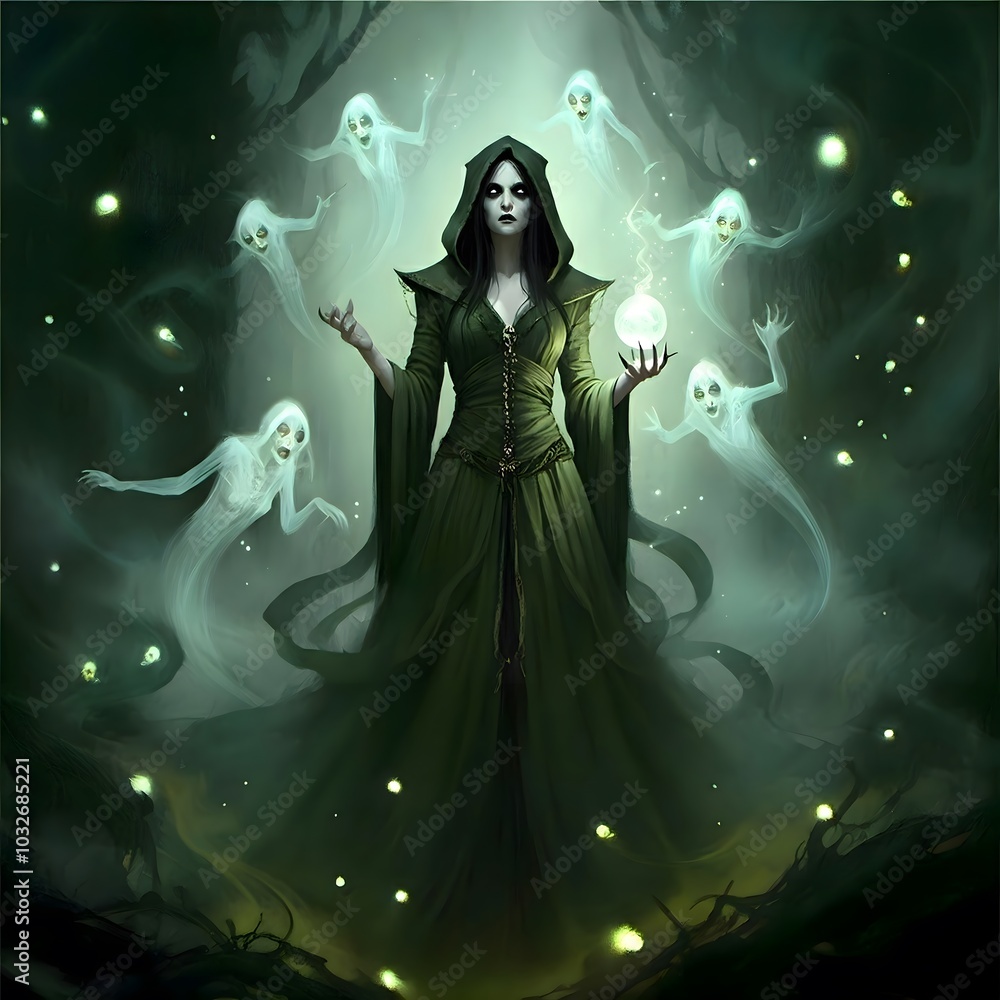Fototapeta premium Mystical Sorceress Summoning Ghostly Spirits in Forest Night