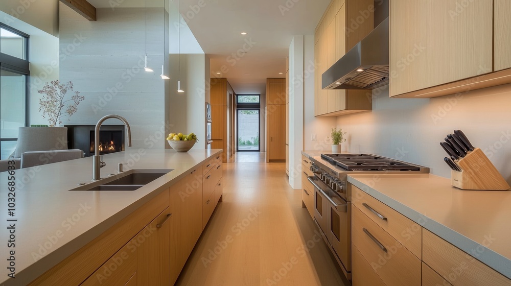 minimalist kitchen with natural wood cabinetry, beige countertops, and soft lighting, giving the space a warm, inviting vibe. minimalist kitchen with natural wood cabinetry, beige countertops, and soft lighting, giving the space a warm, inviting vibe.