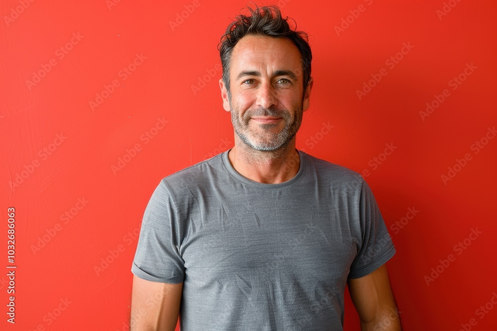 Confident Middle-Aged Man with Calm Expression Against Vibrant Red Background Confident Middle-Aged Man with Calm Expression Against Vibrant Red Background