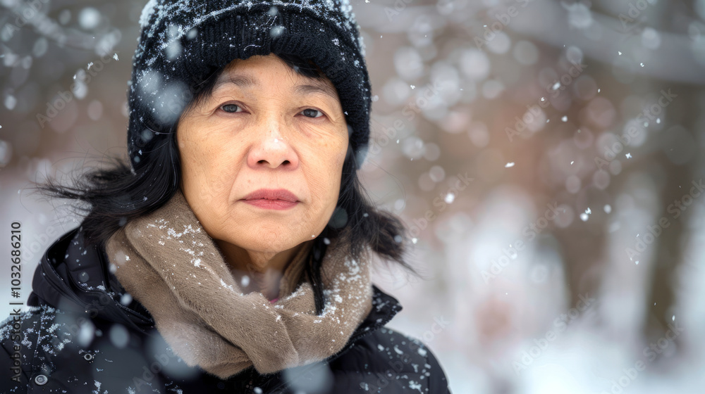 Close-up of a middle-aged Asian woman outdoors in a snow-covered winter landscape, wearing a black hat and brown scarf. Concept of winter fashion, cold weather attire, and serene nature Close-up of a middle-aged Asian woman outdoors in a snow-covered winter landscape, wearing a black hat and brown scarf. Concept of winter fashion, cold weather attire, and serene nature